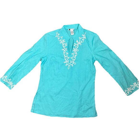 Carole Little Women’s 100% Linen Turquoise Tunic Top 3/4 Sleeve Sz 10 Coastal - Picture 1 of 9